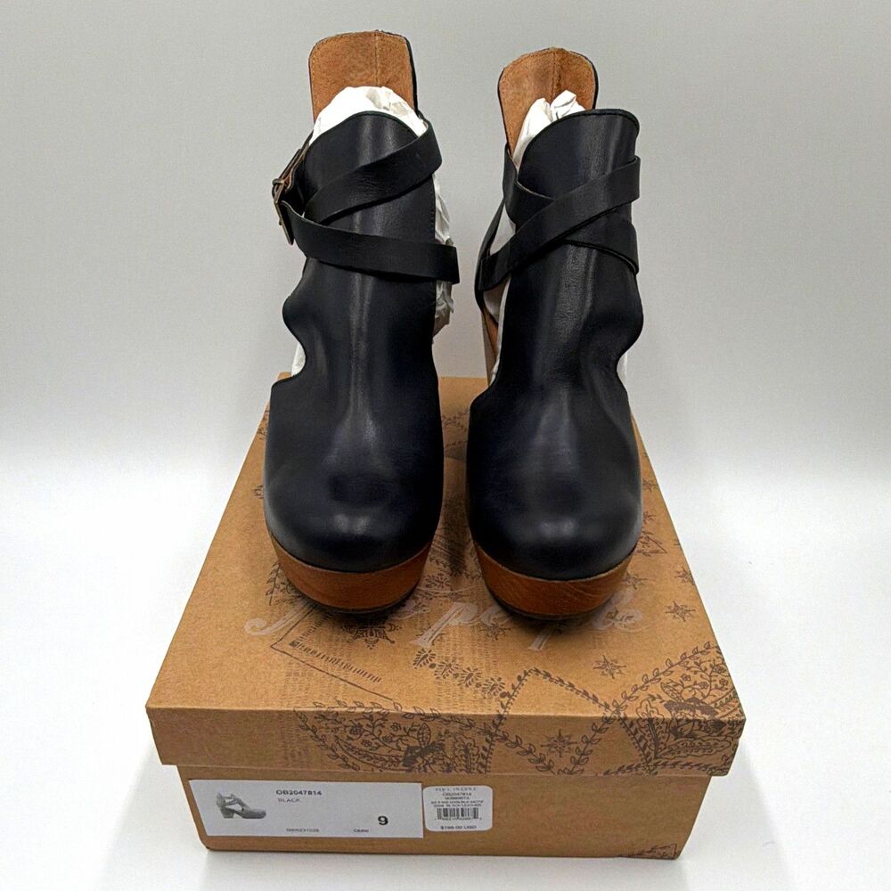 Free People Black Leather Wooden Platform Strappy Bootie Heels Size 9 NIB